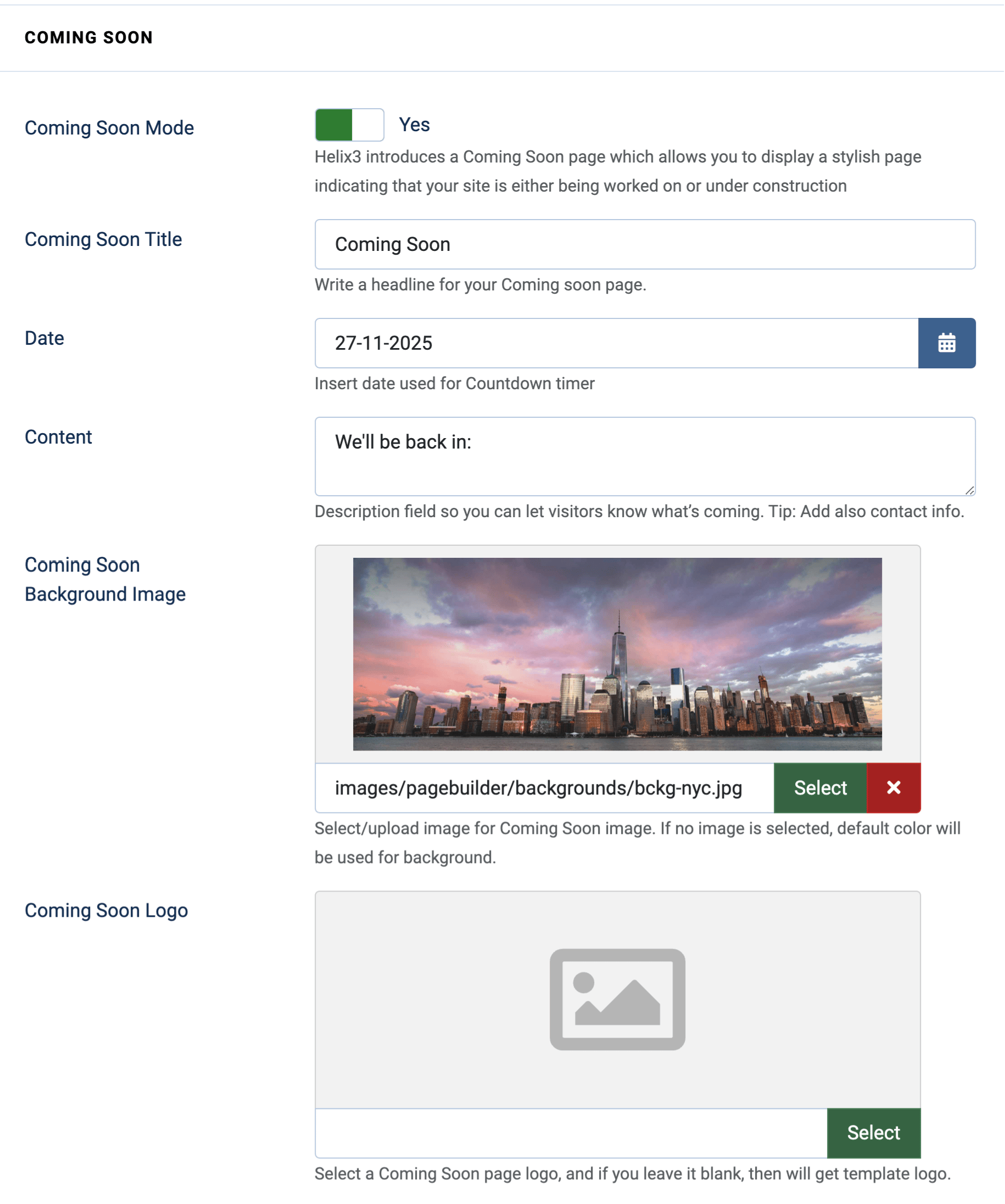 Coming Soon Settings