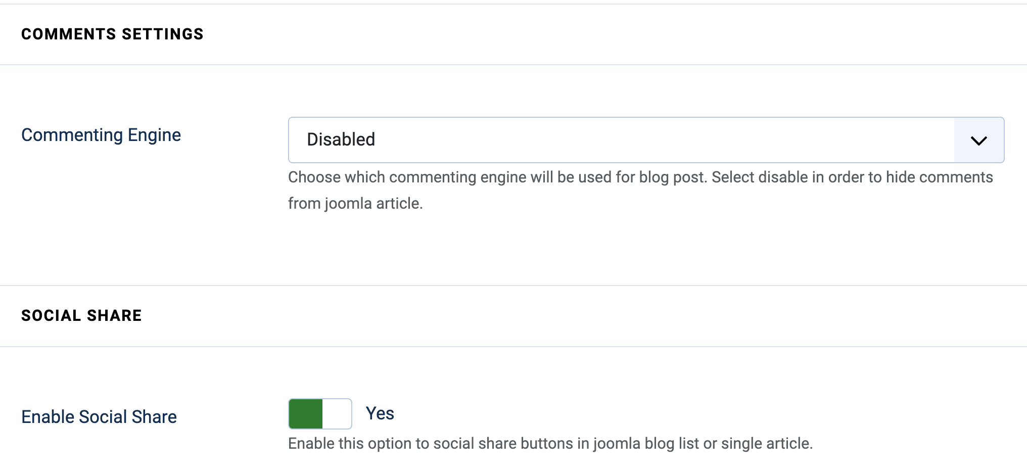 Social Comments and Share Settings