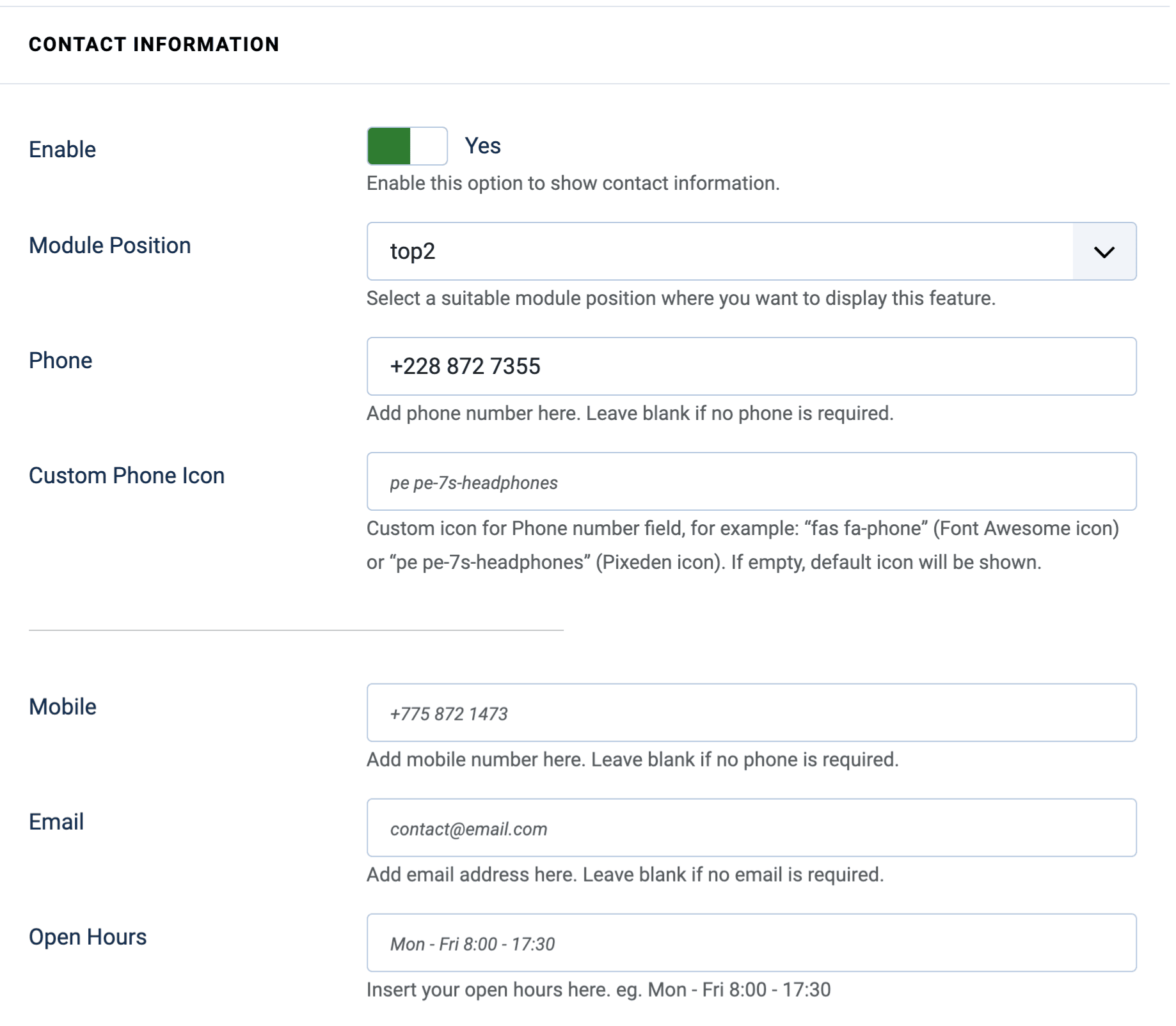 Contact Information Settings