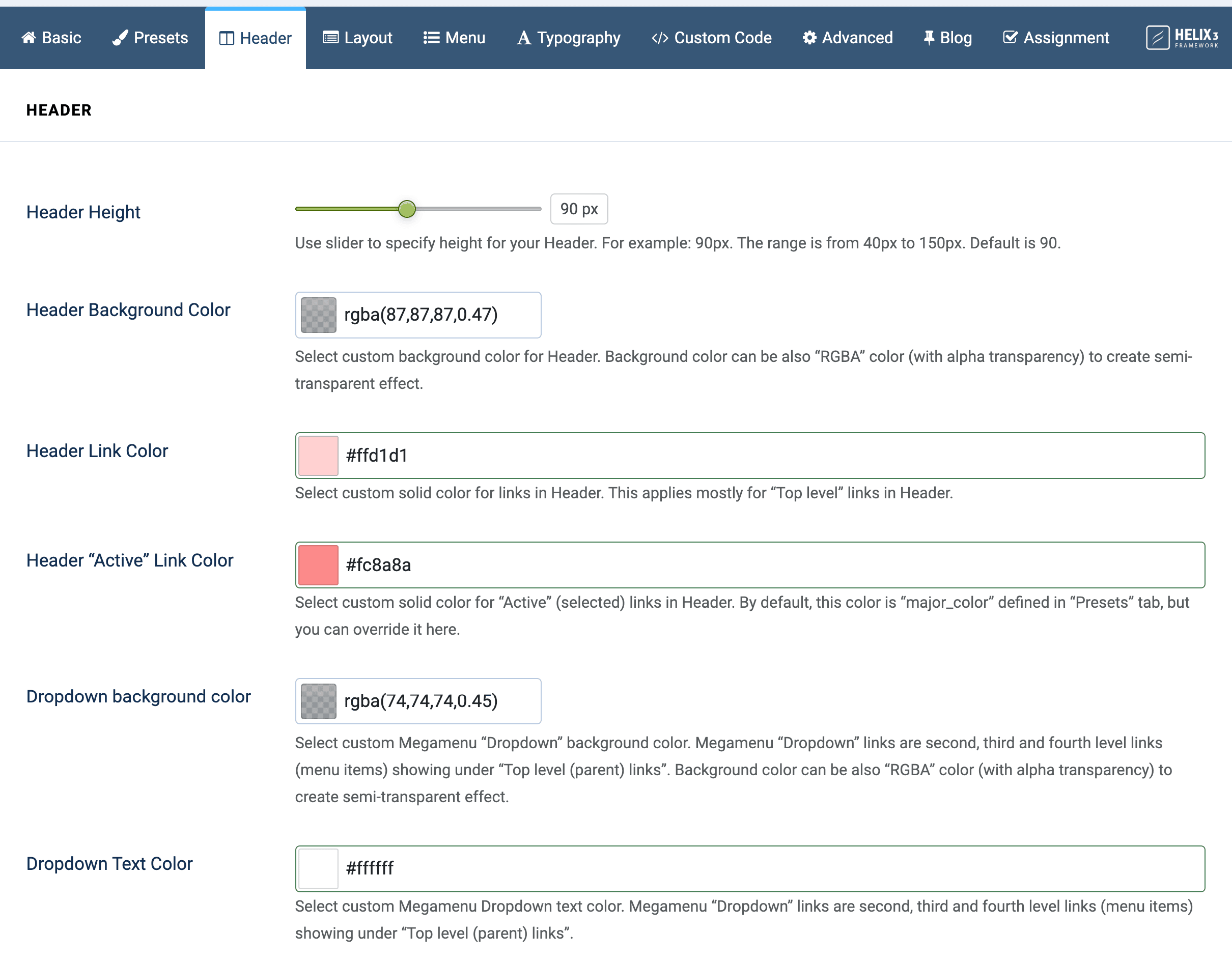 Flex Header Settings Interface