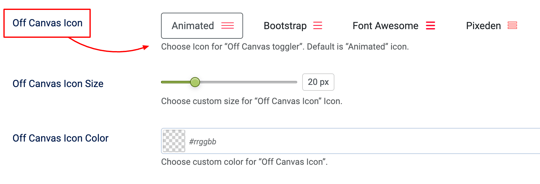 Off Canvas Icon Options