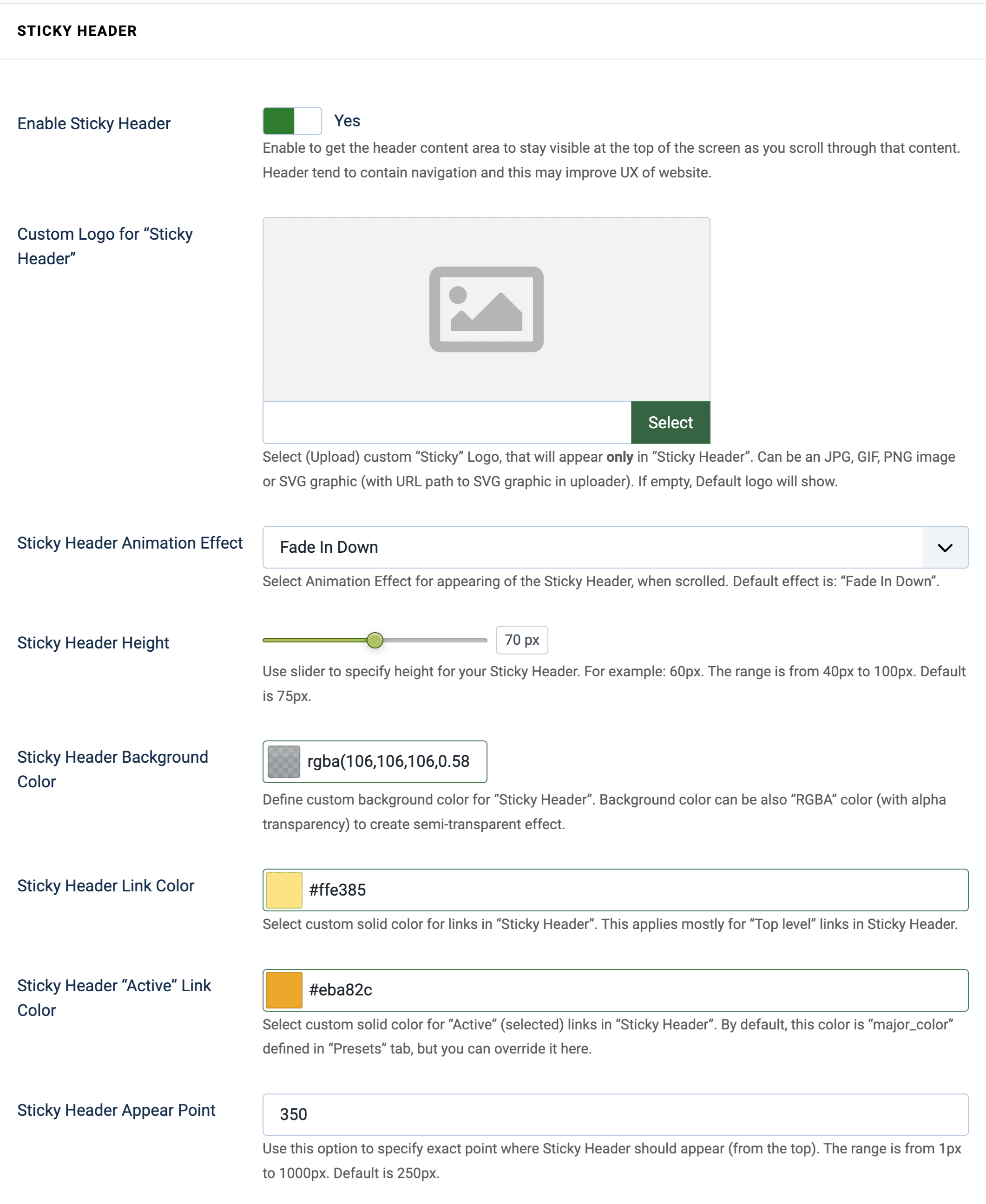 Flex Sticky Header Settings
